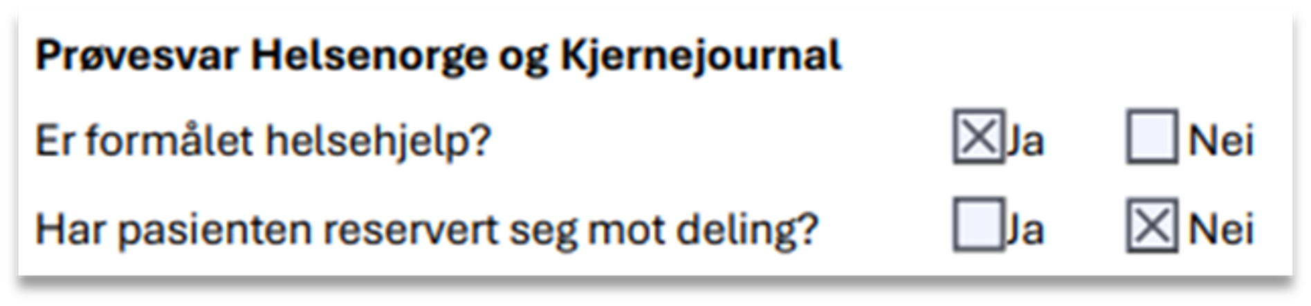 Utklipp fra rekvisisjonsskjema med avkrysningsboks for helsehjelp og reservasjon mot deling.