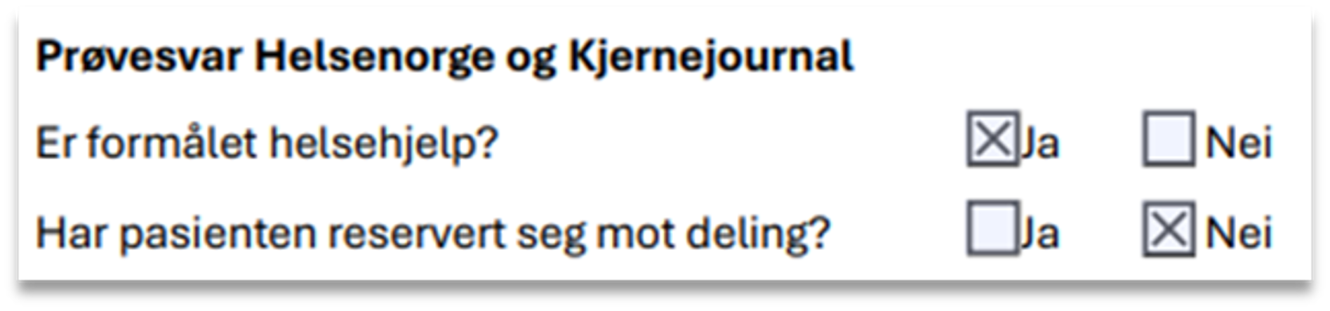 Utklipp fra rekvisisjonsskjema med avkrysningsboks for helsehjelp og reservasjon mot deling.