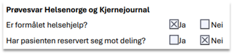 Utklipp fra rekvisisjonsskjema med avkrysningsboks for helsehjelp og reservasjon mot deling.