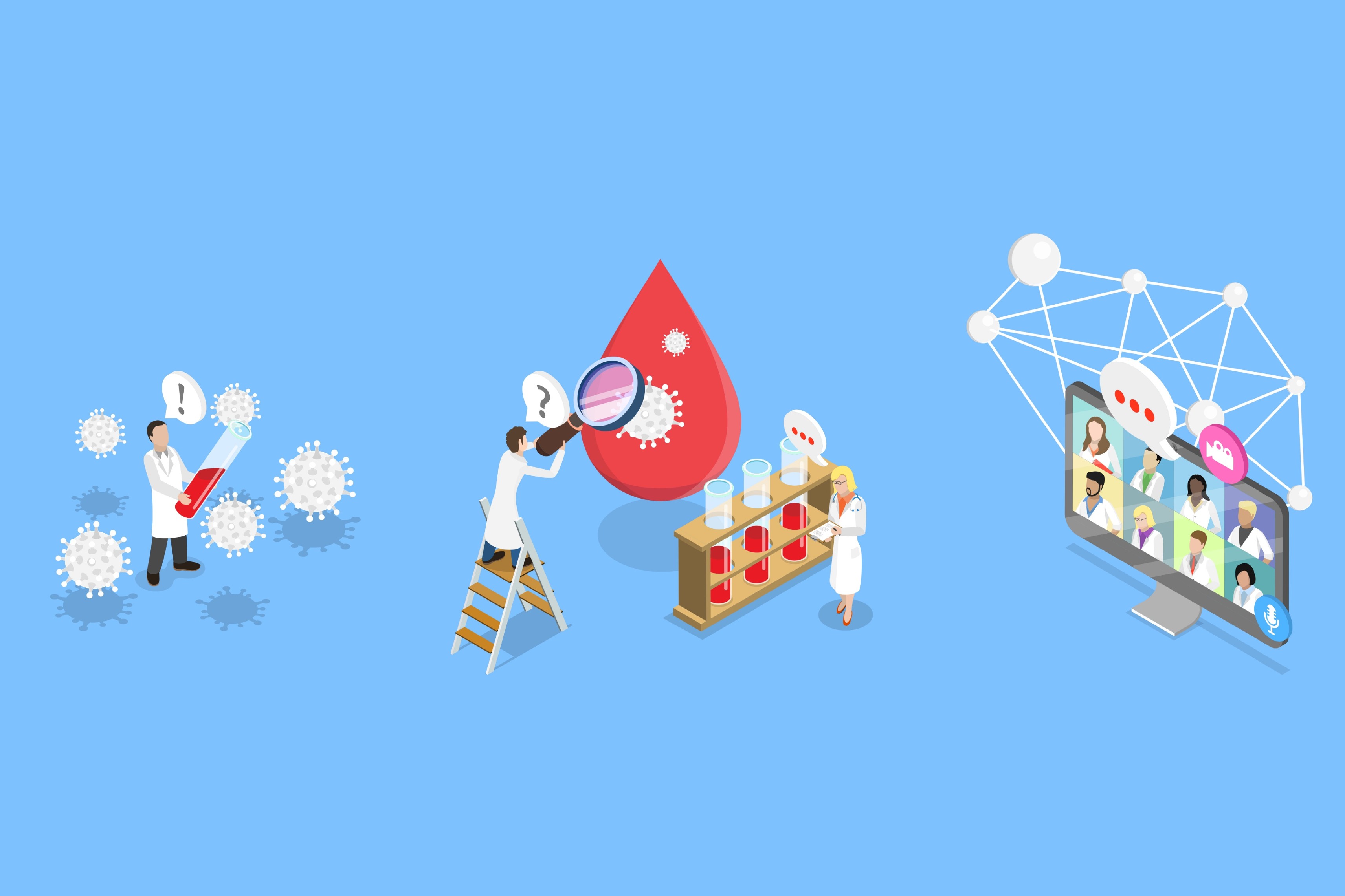 Person med prøverør, person med forstørrelsesglass som ser på bloddråpe, og datamaskin.