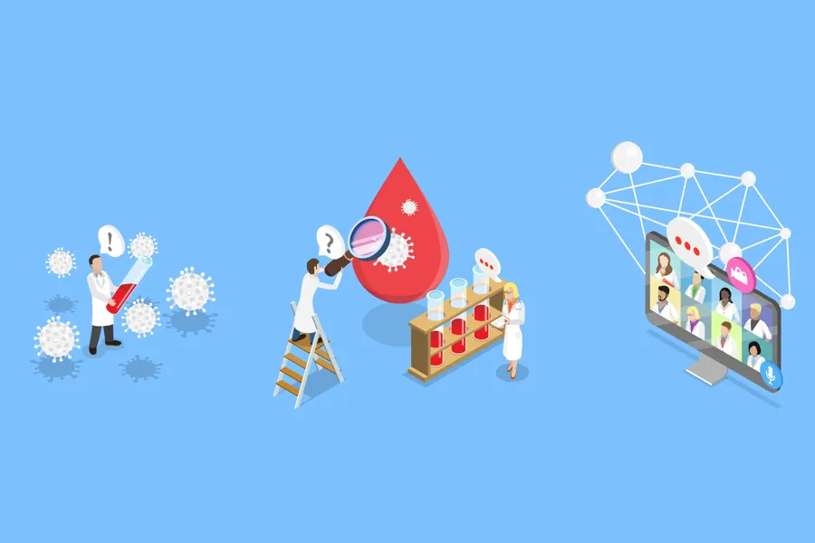 Person med prøverør, person med forstørrelsesglass som ser på bloddråpe, og datamaskin.