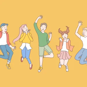 En gruppe hoppende og glade ungdommer