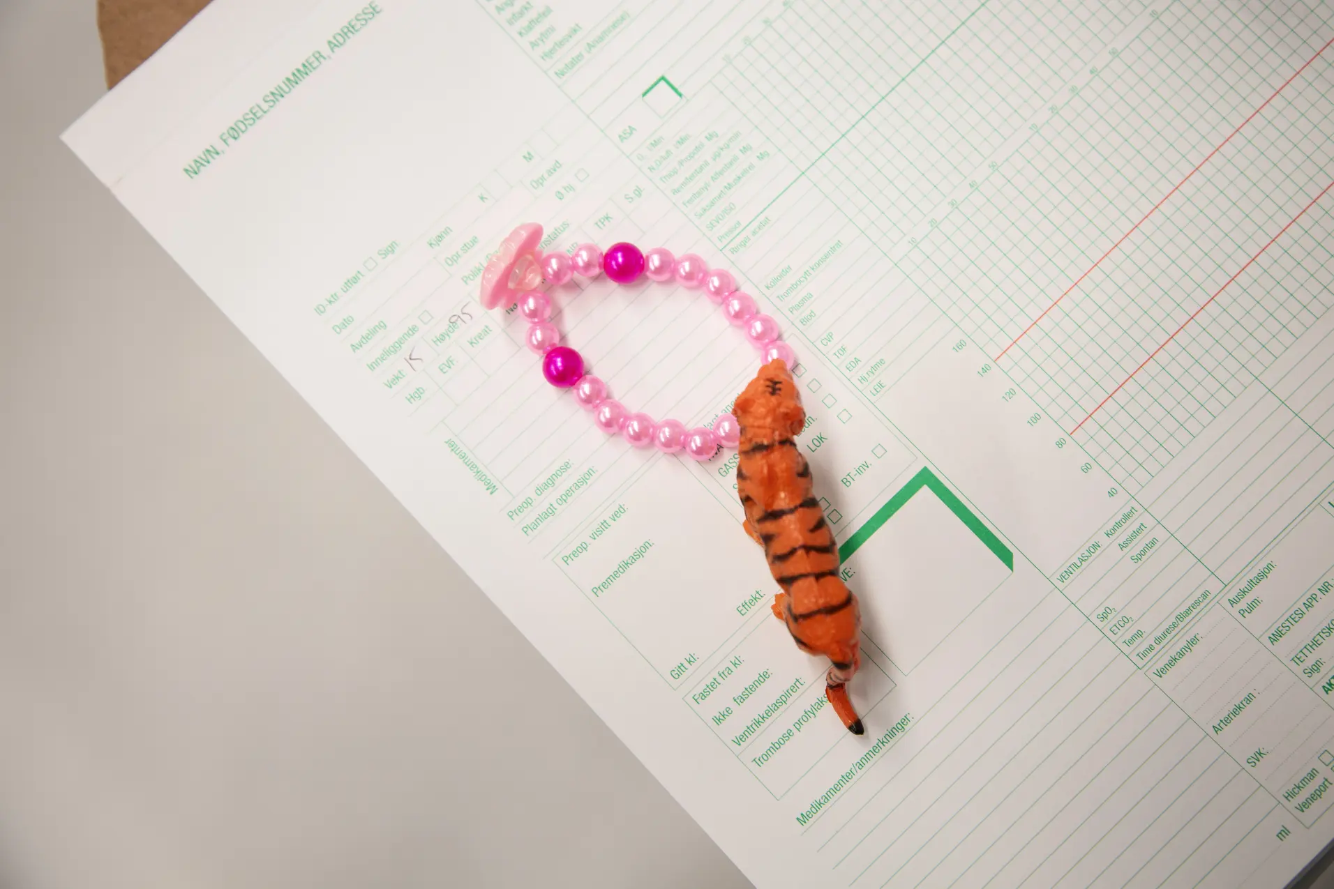Et perlearmbånd og en plastfigur