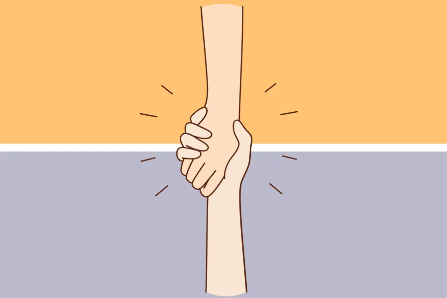 En hånd som rekker ned og holder rundt en annen hånd, som blir løftet opp. Illustrasjon i varme farger