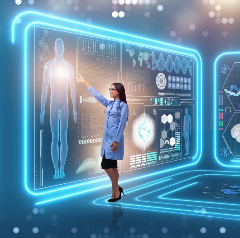 Woman with stetoscope pointing at giant touch screen with human model and scientific details in futuristic setting.