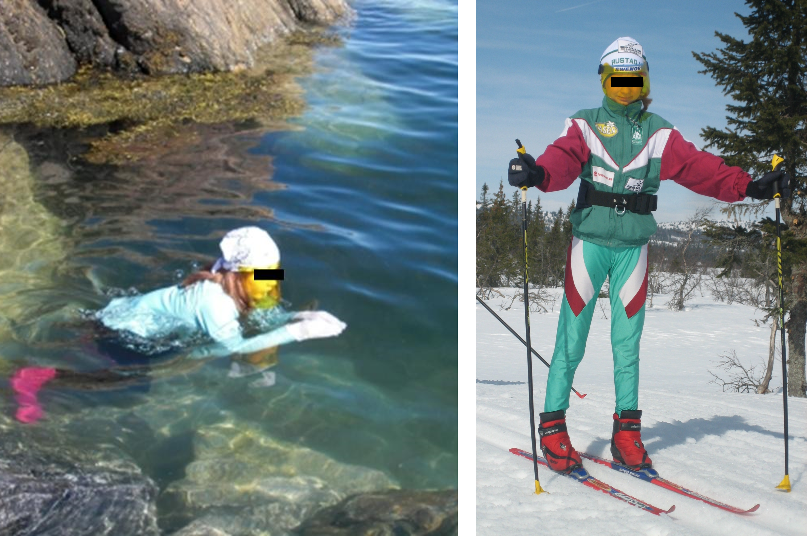 Personer som svømmer og går på ski med ansiktsvisir