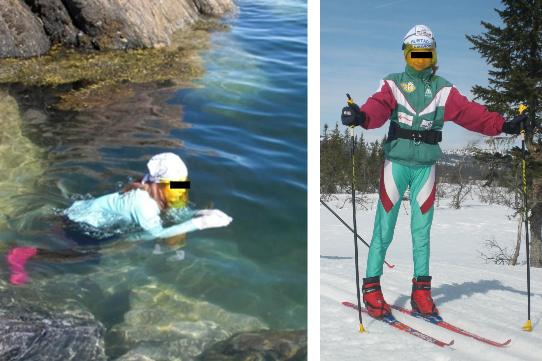 Personer som svømmer og går på ski med ansiktsvisir