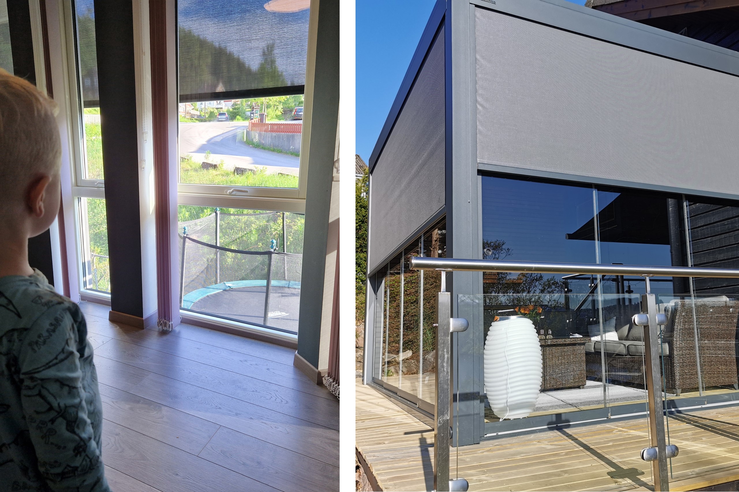 To blider, en av person som ser ut vindu, og en med paviljong med gardiner