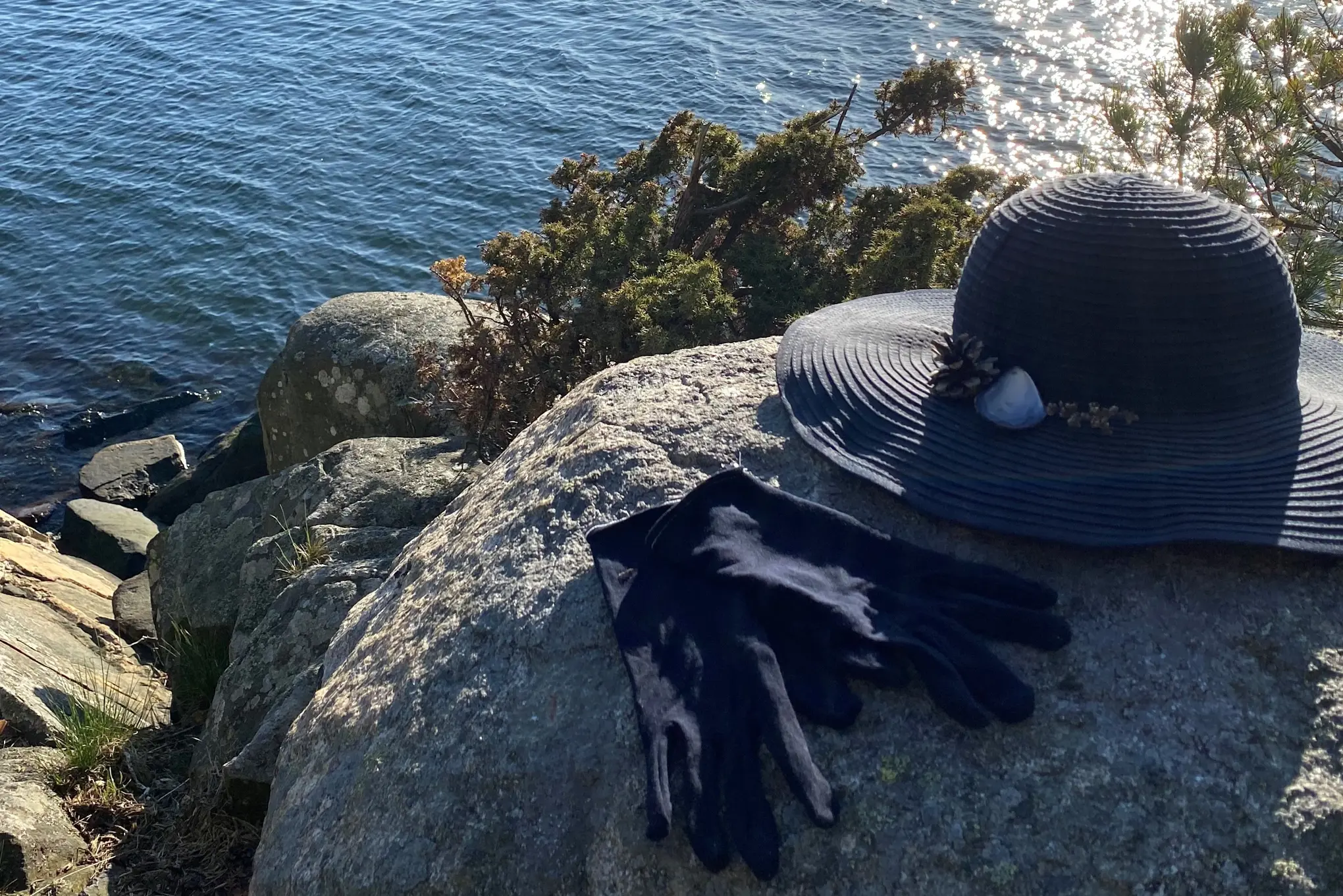 A hat and gloves on a rock by water