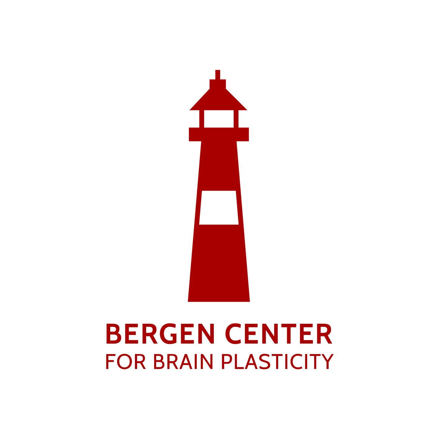 Rødt fyrtårn på hvit bakgrunn. Logo for Bergen Center for Brain Plasticity.