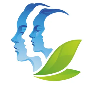 Fire ansikter i profil, annenhver i hvit og blå, to grønne blader. Illustrasjon