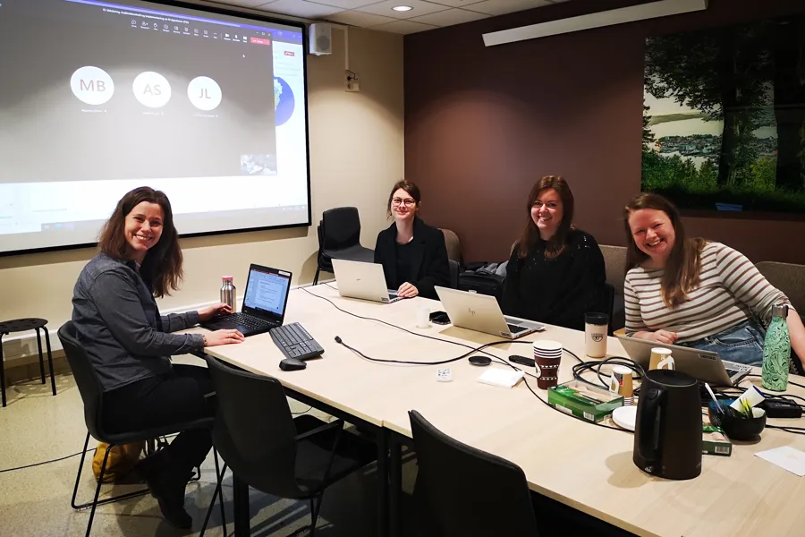 En gruppe kvinner som sitter ved et bord med bærbare datamaskiner