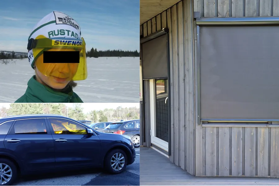 Tre bilder sammensatt; en person med gult ansiktsvisir, en bil med gul film og grå zip-screen på vindu og dør