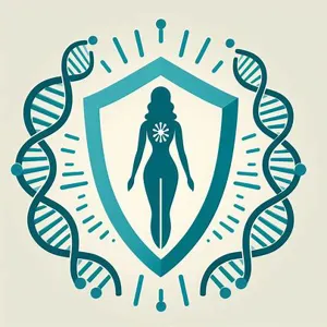 Illustrasjon med tegning av kvinnekropp omgitt av dna modeller