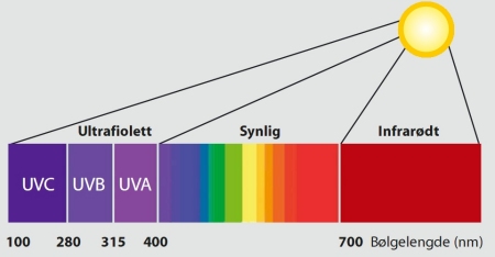 Figur som illustrerer lysets spekter fra ultrafiolett til infrarødt.