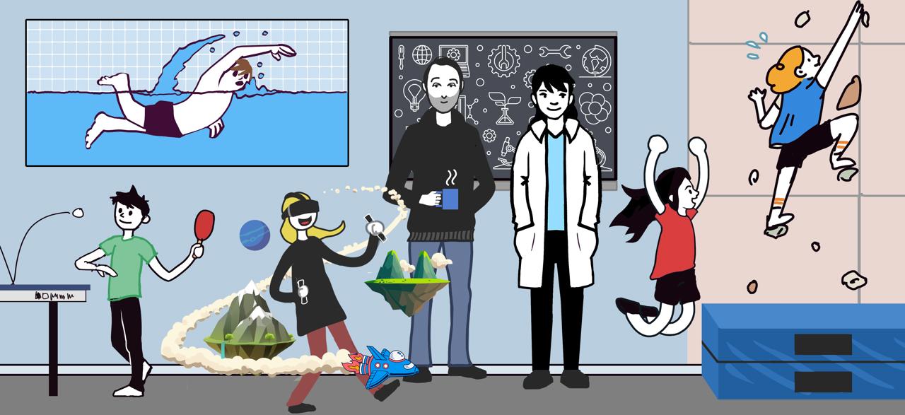 Tegning av barn som leker, svømmer og klatrer