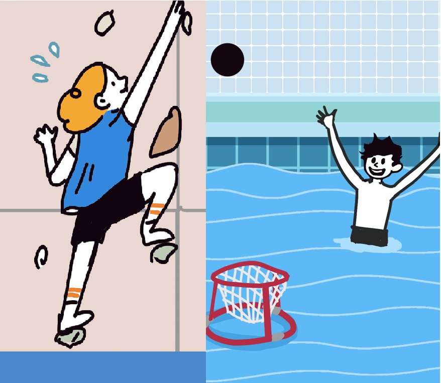 Tegning av en jente som klatrer og en gutt som bader i basseng