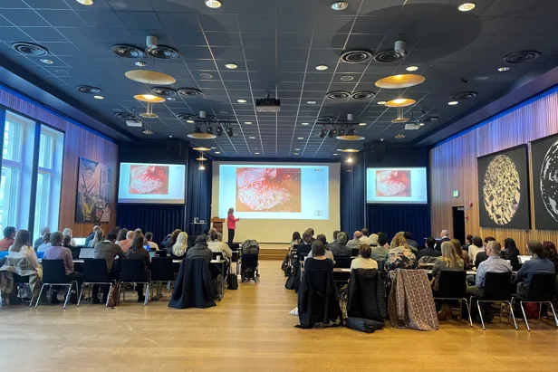 A group of people sitting in a room with a large screen