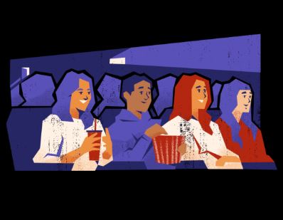 Illustrasjon av fire mennesker som sitter i en kinosal