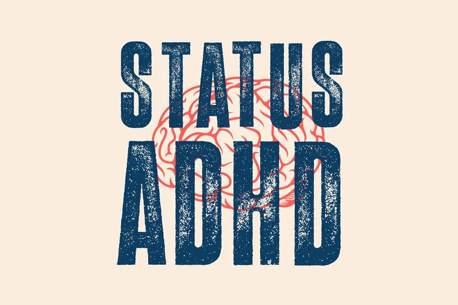 Teksten Status ADHD over en illustrasjon av en hjerne
