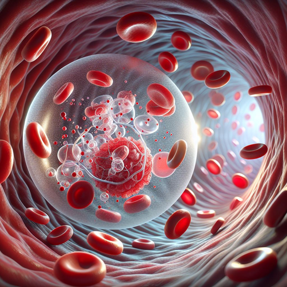 Illustrative picture from the inside of a blood vessel showing blood components reacting on a gas bubble