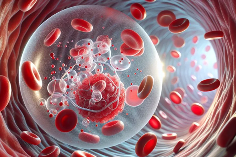 Illustrative picture from the inside of a blood vessel showing blood components reacting on a gas bubble
