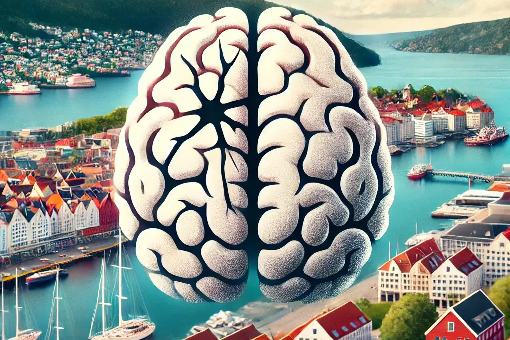 Illustrasjon av en hjerne som henger over Bryggen i Bergen