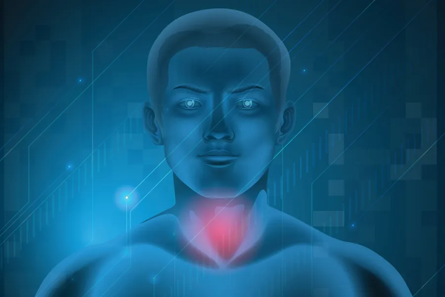 Røntgenbilde av et hode med rød farge rundt halsen