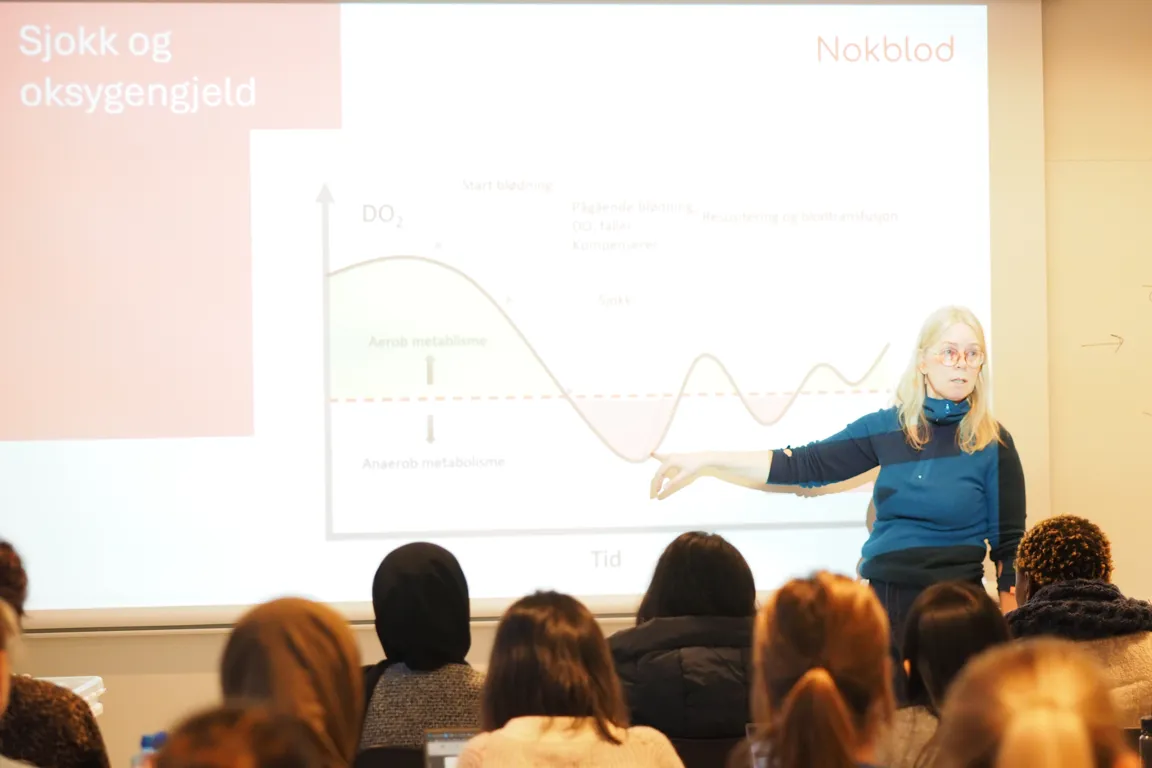 A woman in a classroom pointing at a projector screen