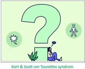 Et spørsmålstegn og et menneske som lener seg inntil spørsmålstegnet. Under står de skrevet Kort og godt med Tourettes syndrom