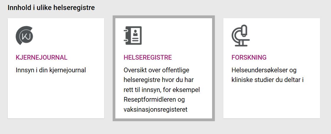 Viser valgmuligheter på helsenorge.no og ikoner for Kjernejournal, Helseregistre, Forskning.
