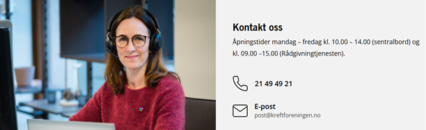 Ei kvinne med briller - kontaktinformasjon Kreftforeningen