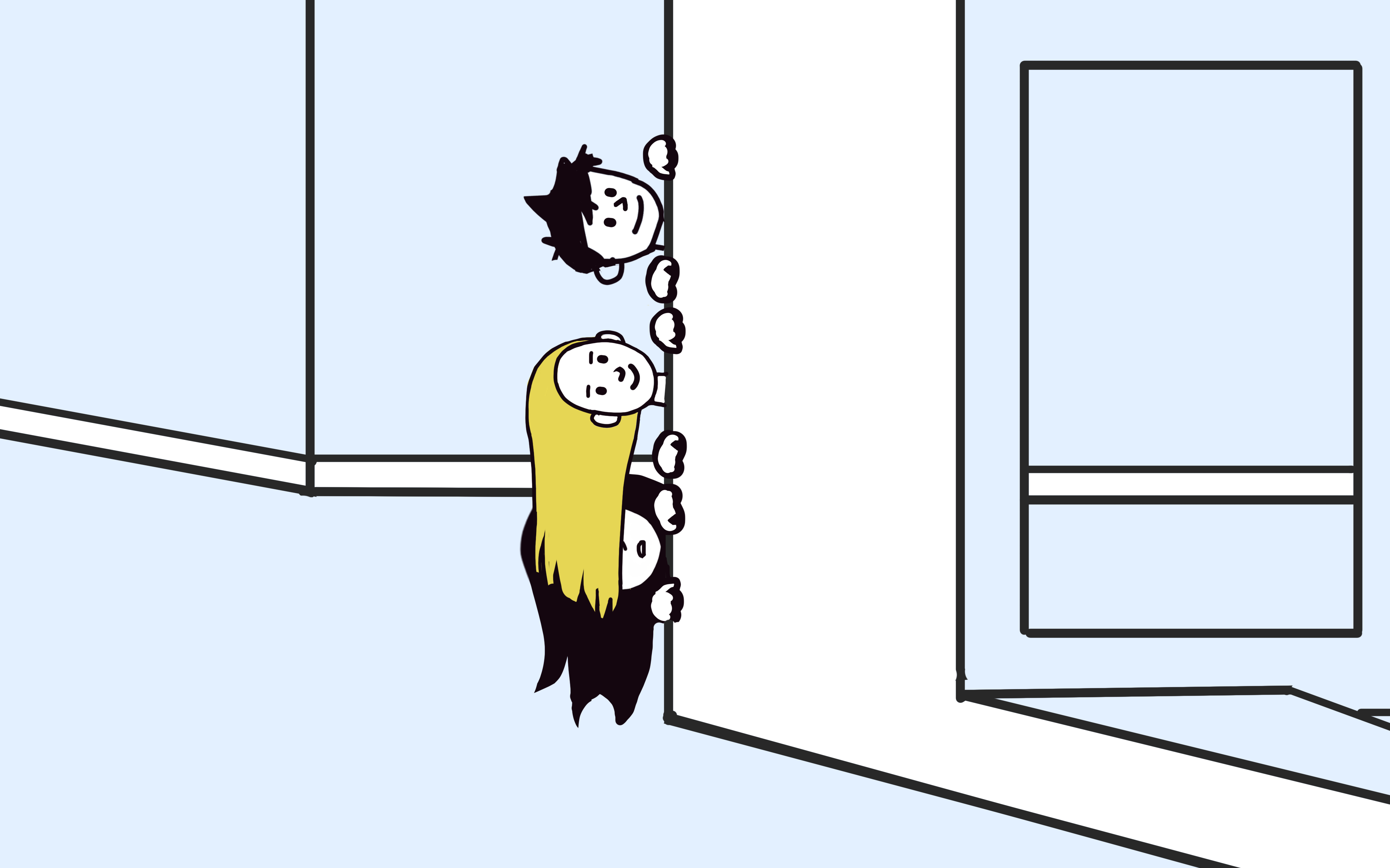 Tegning av 3 barn som titter ut fra et hushjørne