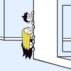 Tegning av 3 barn som titter ut fra et hushjørne