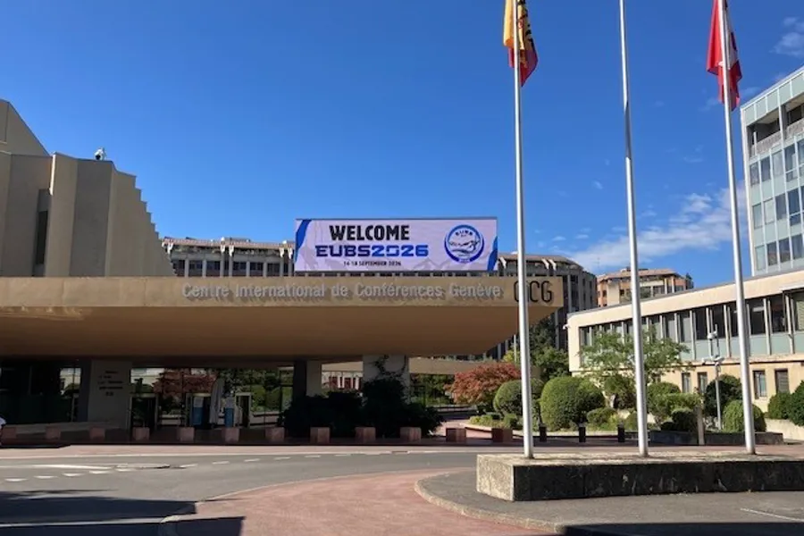 A building with flags in front of it
