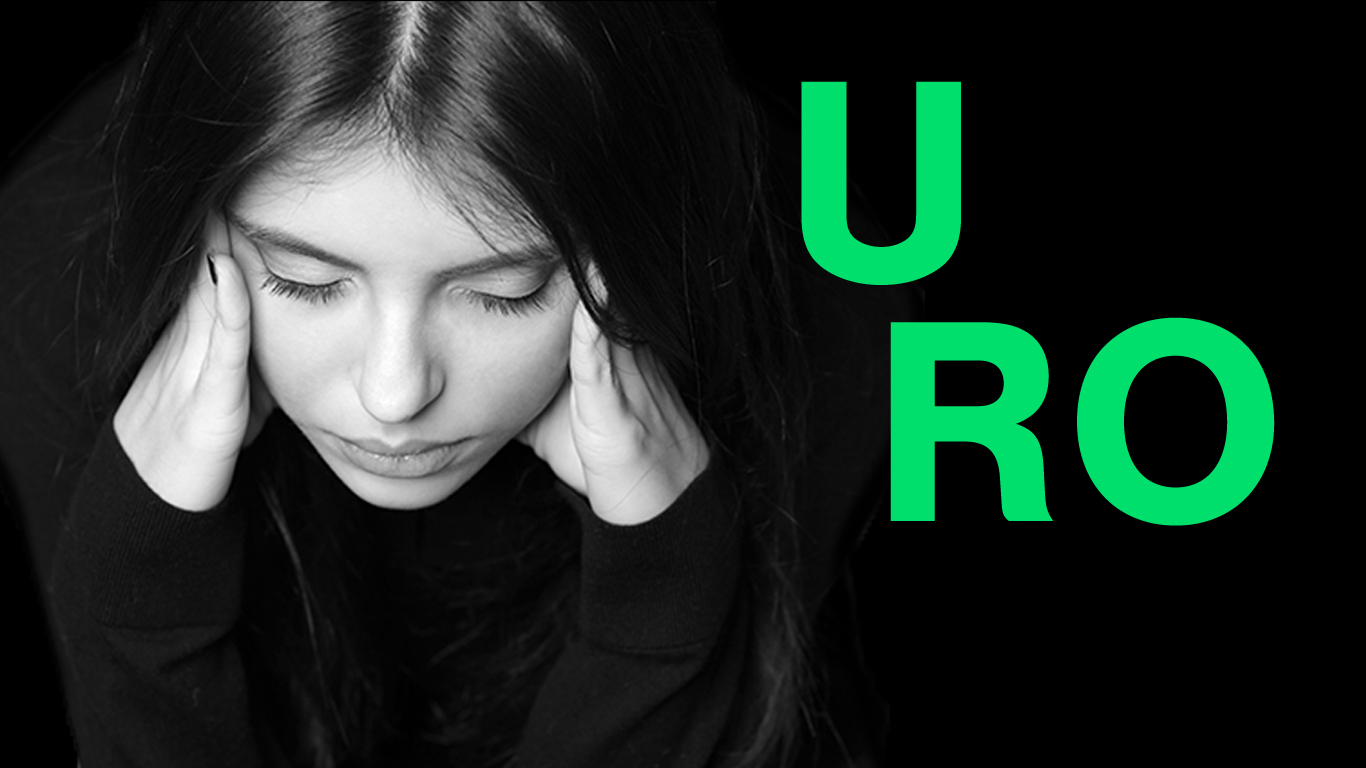 En kvinne som holder seg til hodet og teksten URO