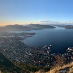 A body of water with land around it and a city in the distance