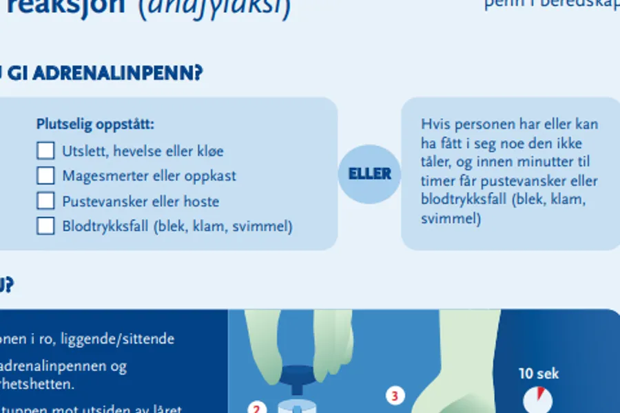 Utklipp frå anafylaksiplakaten som viser kva ein skal gjere ved ein alvorleg anafylaksi. Det står at dette gjeld personar som har adrenalin penn. Og det er lista opp symptom som plutseleg har oppstått: utslett mm, magesmerte eller oppkast, pustevanskar eller hoste og blodtrykksfall. Eller hvis personen har fått i seg noko dei ikkje tåler og får symptom innan kort tid. Bilete illustrerar at personen må ligge i ro og viser korleis ein set adrenalinpenn på utside lår.