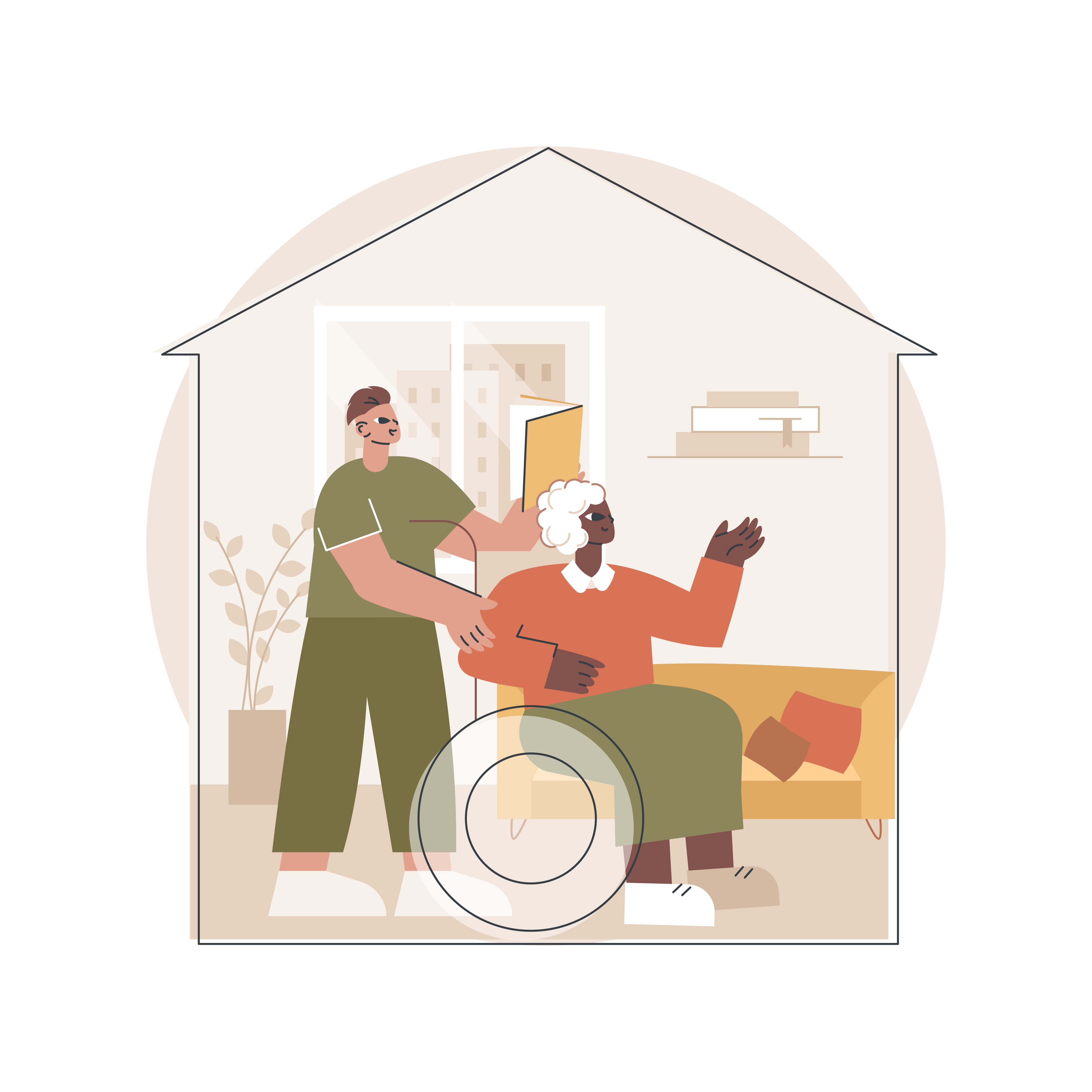 Illustrasjon: En kvinne trilles i rullestol