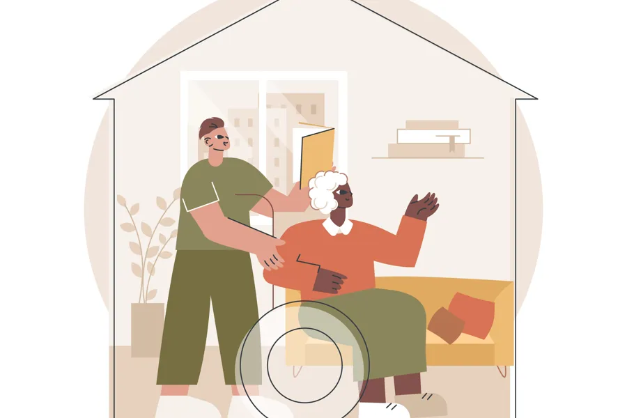 Illustrasjon: En kvinne trilles i rullestol