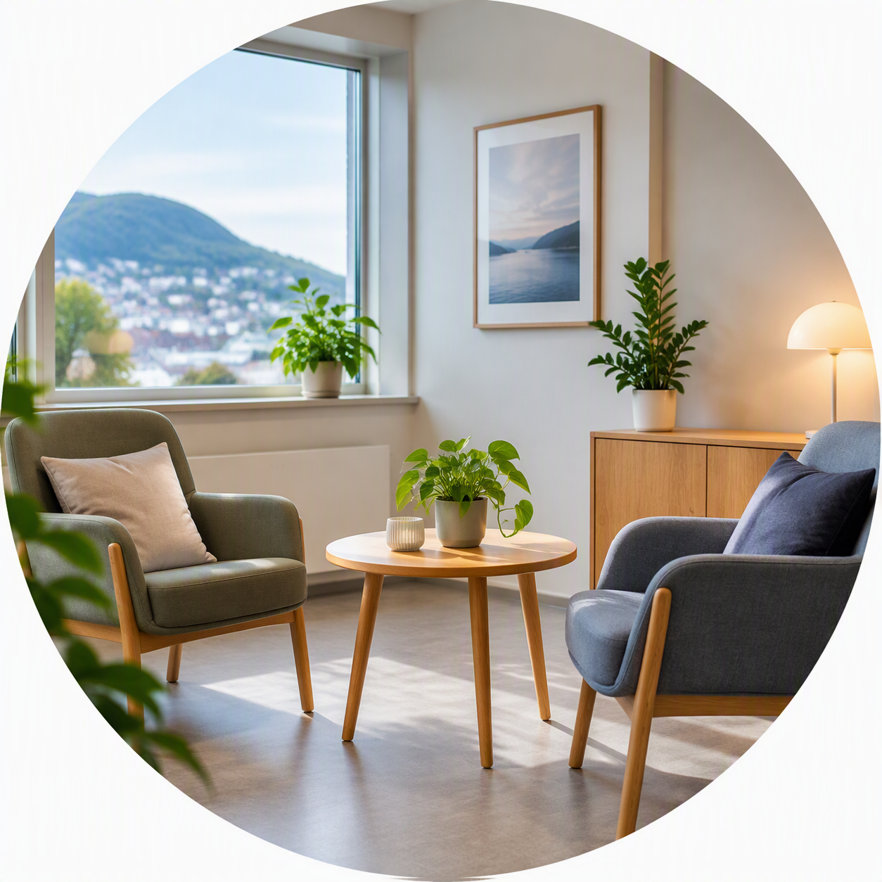 Et rom med bord og stoler
