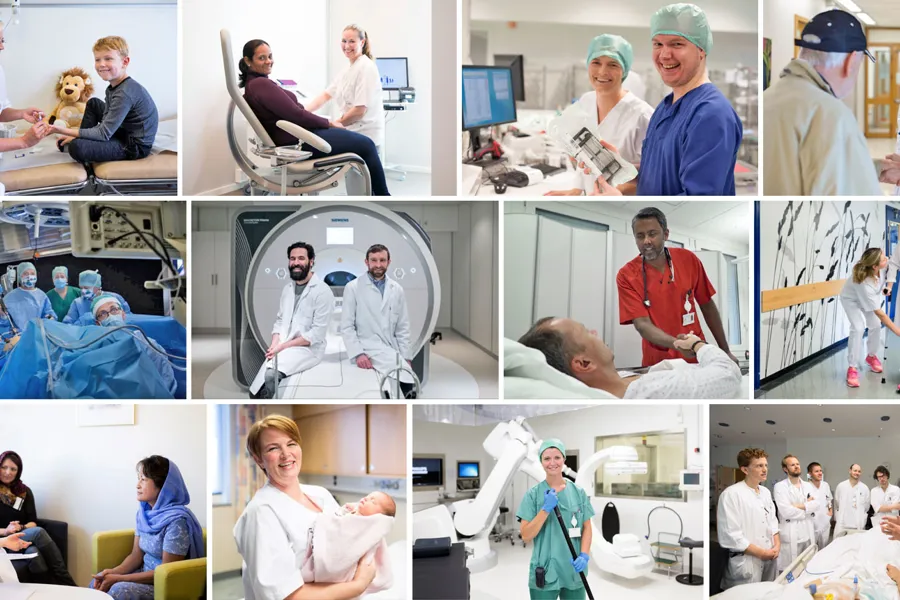 Bildemontasje med bilder fra ulike sykehussettinger. Foto