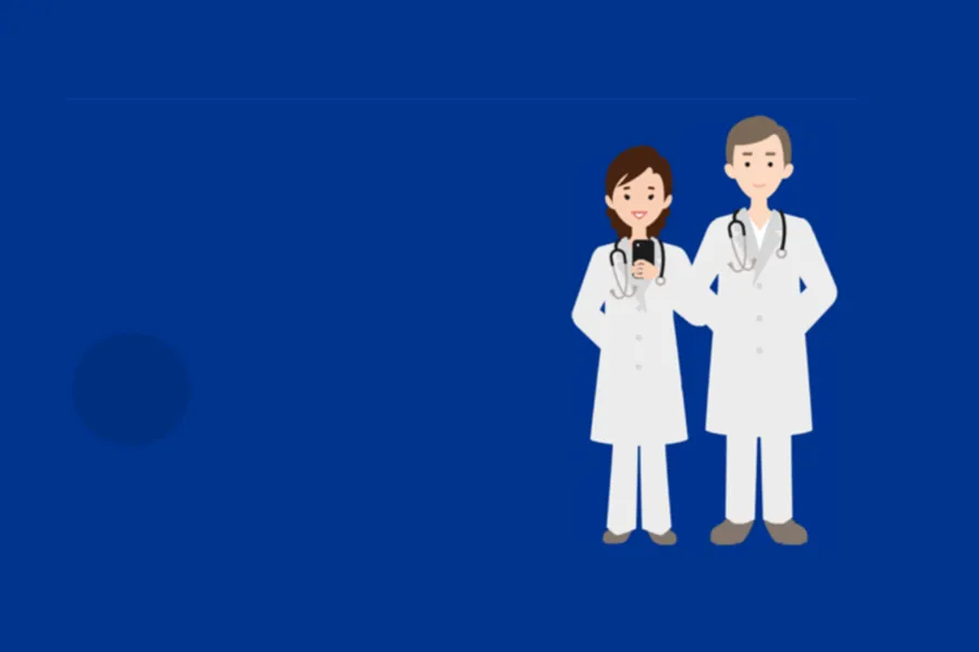 Kvinnelig lege med mobiltelefon og mannlig lege. begge kledd i hvitt med stetoskop rundt halsen. Illustrasjon