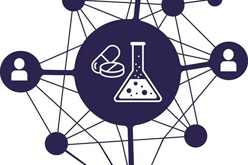 Nettverk legemiddel, forsking og forskere. Grafisk illustrasjon