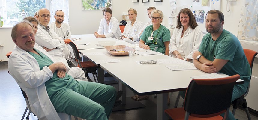 Gruppebilde av tilsette rundt bord på møterom. Foto