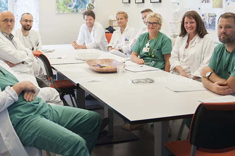 Gruppebilde av tilsette rundt bord på møterom. Foto