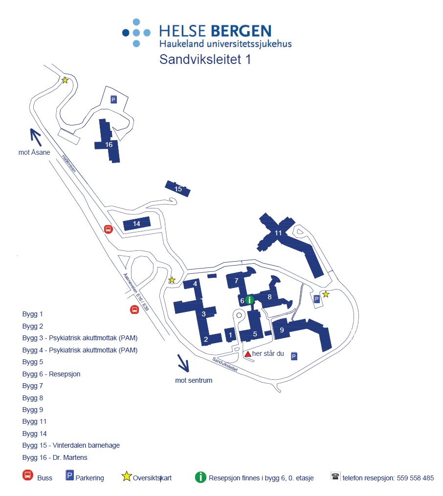 Oversiktskart over sjukehusbygg på Sandviken-området. Grafikk