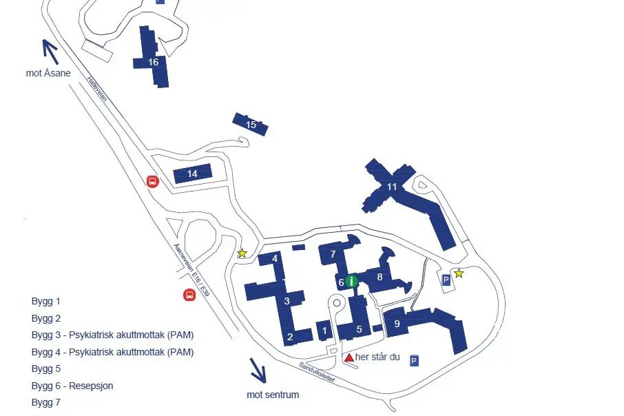Oversiktskart over sjukehusbygg på Sandviken-området. Grafikk