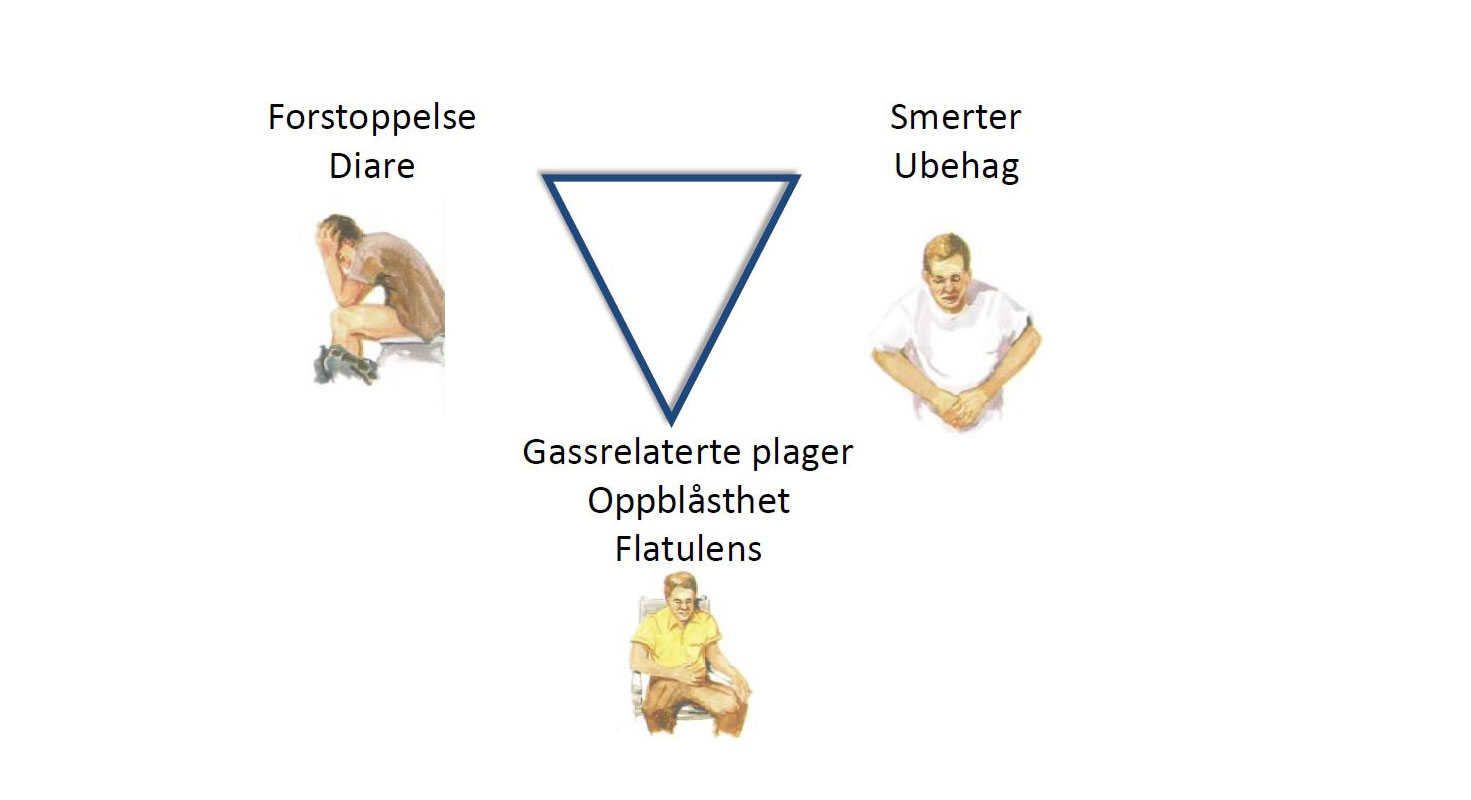 Modell symptomer på IBS; forstoppelse, diare, smerter, ubehag, gassrelaterte plager, oppblåsthet, flatulens. Illustrasjon