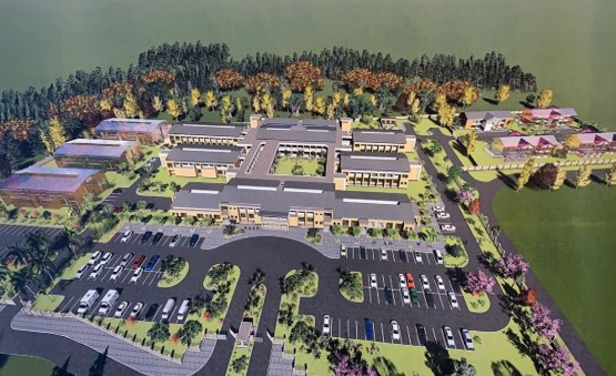 Arkitekttegning av nytt traumesjukehus for ortopedi og nevrokirurgi på sykehusområde. Bygg og parkeringsplasser.